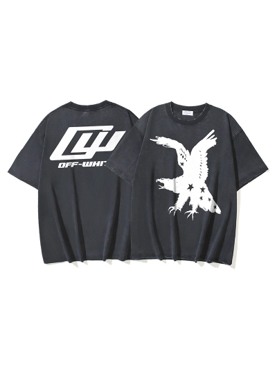 OFF-WHITEVintage-Washed,Yarn Short-Sleeve T-Shirt — Eagle & Star Collab Print (Distressed Black)#1374 01