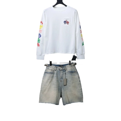 Chrome Hearts 25FW Colorful Cross Print Long-Sleeve + Balenciaga distressed art denim shorts Jeans 01