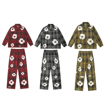 DENIM TEARS plaid long-sleeved suit, Red, Grey, Yellow 01