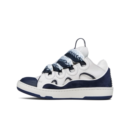 PKGoden LANVIN White & Navy Curb Leather Sneakers 01