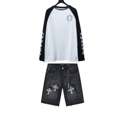 Purple Brand Jeans Denim Shorts + Chrome Hearts 25FW Black Label Patchwork Print Long-Sleeve 01