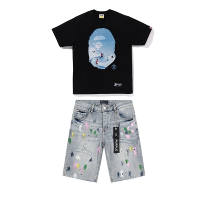 Purple Brand Jeans Denim Shorts PU510# + bape T-Shirt 1013 01