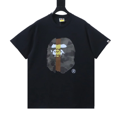 BAPE 26SS Vertical Stripe Color Block Camouflage Ape Head Print Short-Sleeve T-Shirt Black 01