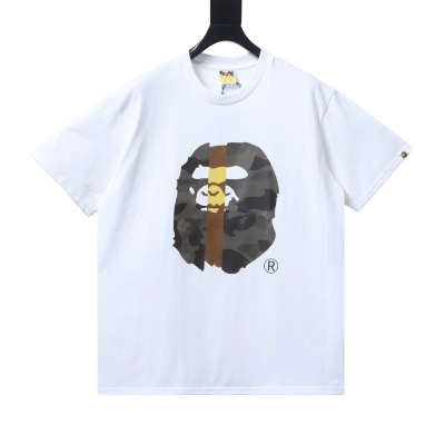 BAPE 26SS Vertical Stripe Color Block Camouflage Ape Head Print Short-Sleeve T-Shirt White 01