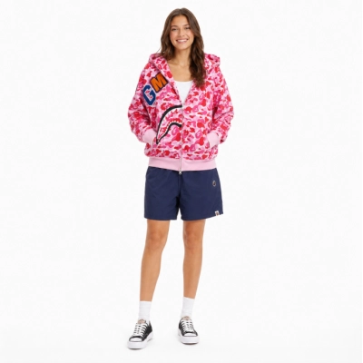 BAPE ABC Camo Shark Full Zip Hoodie Pink + BAPE small logo nylon Short Pants navy blue 01