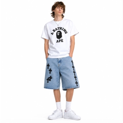 BAPE T-Shirt 134 + Chrome Hearts Cross Leather Patchwork Cargo Denim Shorts 01