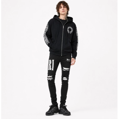 Chrome Hearts Horseshoe Floral Cross-Sleeve Zip Up Hoodie Black/White + AMIRI Jeans #604 01