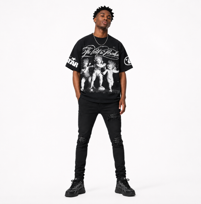 Hellstar T-Shirt 6715 + AMIRI MX1 Ultrasuede Jeans Black