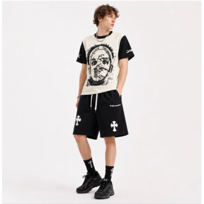 Hellstar 777 Path 2 Paradise T-shirt Multicolor + Chrome Hearts embroidered Sanskrit cross terry Short Pants black 01