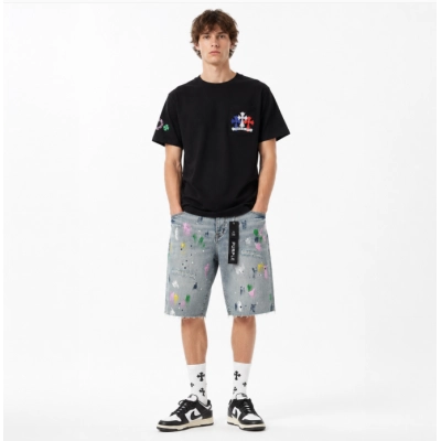 Chrome Hearts Rainbow Cross Print T-Shirts Black + Purple Brand Jeans Denim Shorts PU510# 01