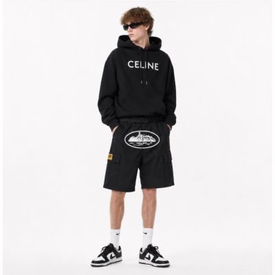 CELINE LOOSE HOODIE IN COTTON FLEECE + Corteiz OG Alcatraz Shorts Heather Black 01