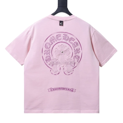 Chrome Hearts Horseshoe cross embroidered appliqué distressed short-sleeved T-shirt Pink 02