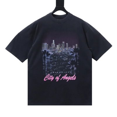 BALENCIAGA Distressed short-sleeved T-shirt with Los Angeles night view 01