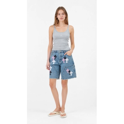 Chrome Hearts CH Embroidered Knit Vest + Chrome Hearts Cross Leather Patchwork Cargo Denim Shorts 01