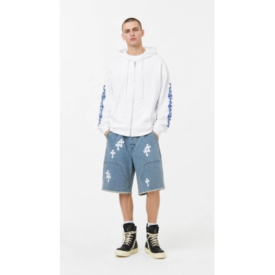 Chrome Hearts Zip-Up Hoodie Y69# + Chrome Hearts Cross Leather Patchwork Cargo Denim Shorts 01