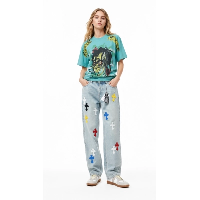 Hellstar Vintage Washed American Streetwear Graphic T-Shirt 6728# +Chrome Hearts Macaron-Colored Cross-Embroidered Denim Trousers 01