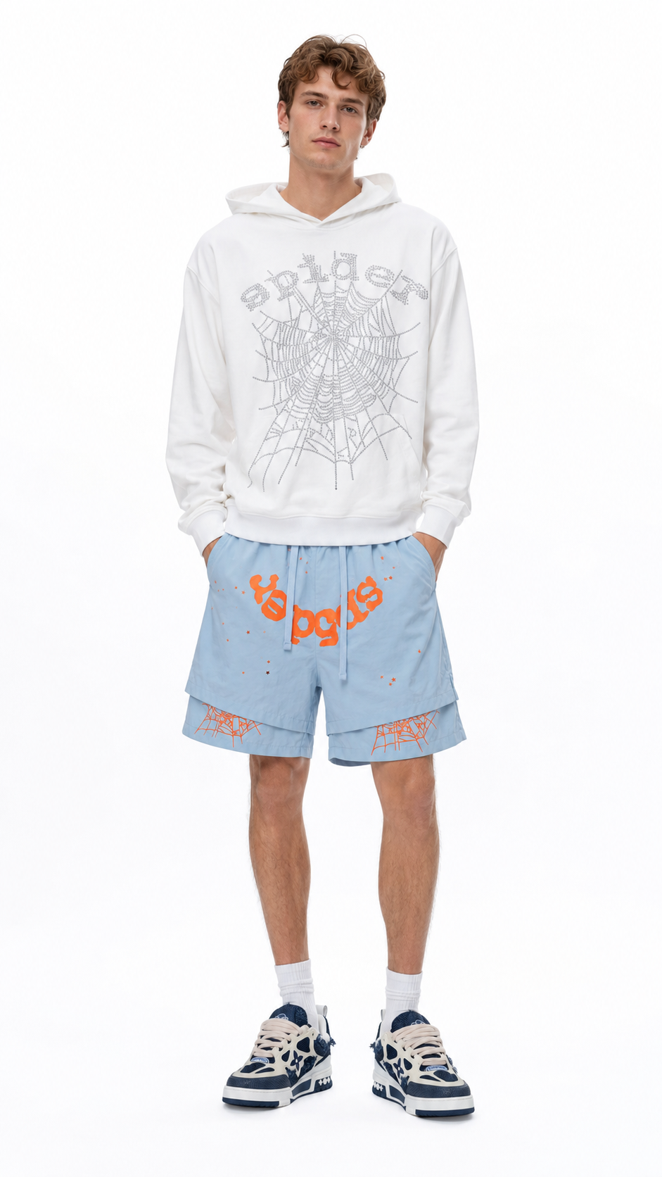 Sp5der OG Rhinestone Logo Hoodie White + Sp5der Shorts 200#
