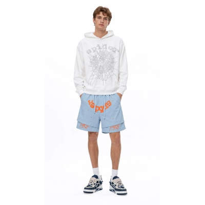 Sp5der OG Rhinestone Logo Hoodie White + Sp5der Shorts 200# 01