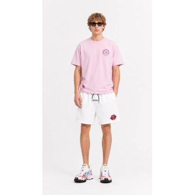 Chrome Hearts Horseshoe cross embroidered appliqué distressed T-shirt Pink + Chrome Hearts 26SS Red Mouth Appliqué & Embroidery Shorts White 01