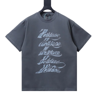 WE11DONE 26SS (Official Website Exclusive) — Distressed, Gradient, Hand-Painted-Style Barrage Logo Print Short-Sleeve T-Shirt Grey 01