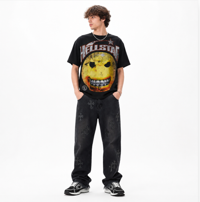 Hellstar Evil Smile T-shirt Black + Chrome Hearts leather cross Jeans 2