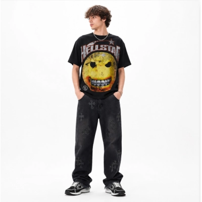 Hellstar Evil Smile T-shirt Black + Chrome Hearts leather cross Jeans 2 01