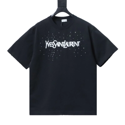 Saint laurent YSL 26SS Rhinestone Embroidered Short-Sleeve T-Shirt Black 01