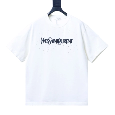Saint laurent YSL 26SS Rhinestone Embroidered Short-Sleeve T-Shirt White 01