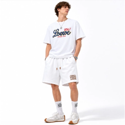 Loewe SS26 Short-Sleeve T-Shirt with Terry Cloth Letter Patch White + Loewe 26SS Letter Logo Print Shorts White 01