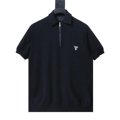 Prada SS25 Short-Sleeve Knitted Polo Shirt with Zipper Black 01