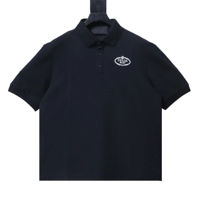 Prada SS25 Short-Sleeve Polo T-Shirt with Oval Embroidery Black 01