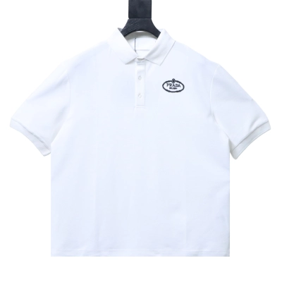 Prada SS25 Short-Sleeve Polo T-Shirt with Oval Embroidery White 01