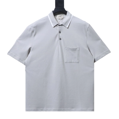 Hermes Short-Sleeve Polo with Embroidered Pocket Logo Grey 01