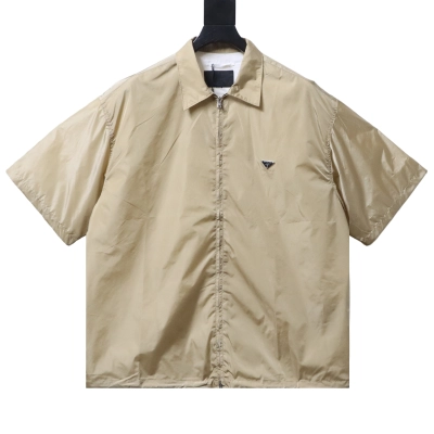 Prada Short-Sleeve Zip Shirt with Triangle Logo 01