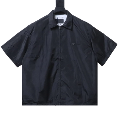 Prada Short-Sleeve Zip Shirt with Triangle Logo Black 01