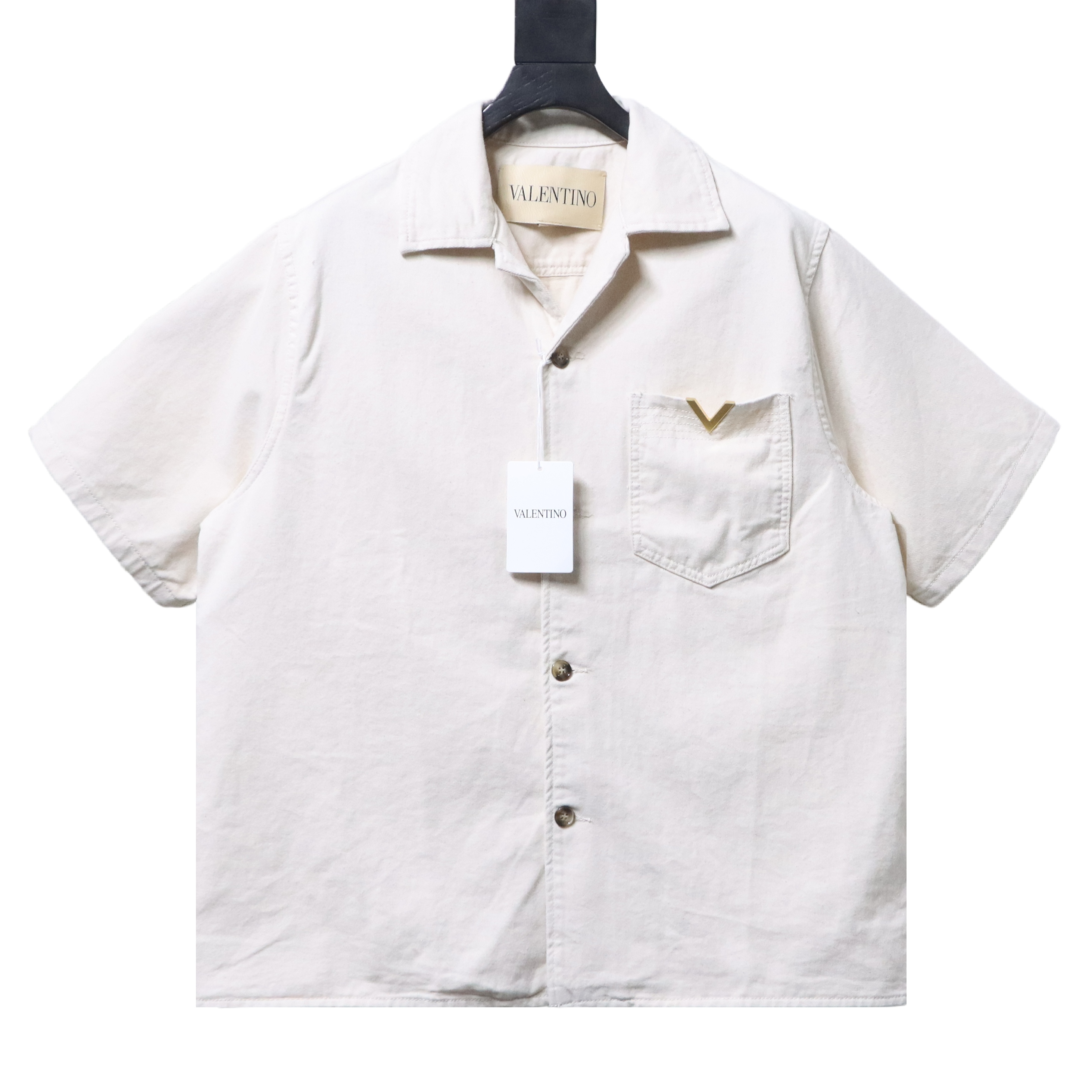 Valentino Short-Sleeve Denim Shirt with Metal V-Logo Pocket Detail