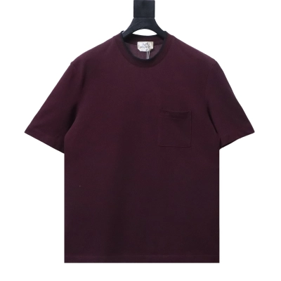 Hermes Paris Short-Sleeve T-Shirt with Embroidered Pocket Logo Wine Red / Grey-White 01