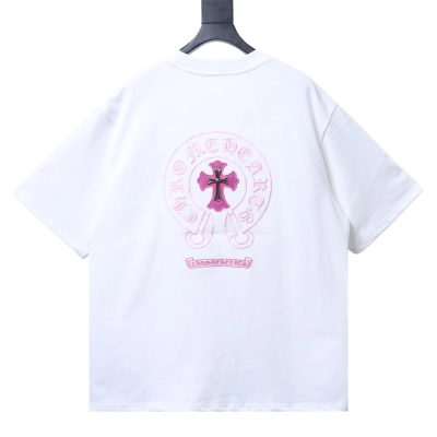 CHROME HEARTS Pink Cross & Horseshoe Embroidery Short-Sleeve T-Shirt 02
