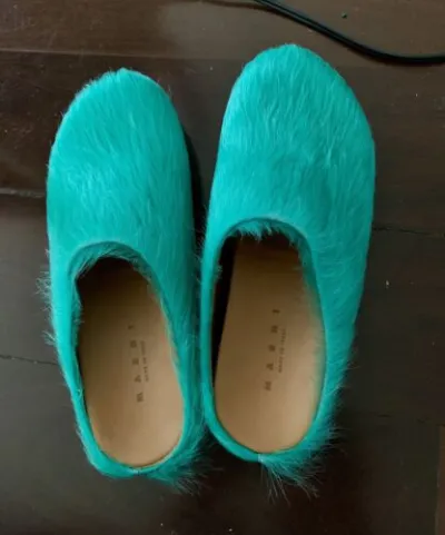PKGoden Dark Green long hair calfskin Fussbett sabot Marni Slides review Paul Jaubert