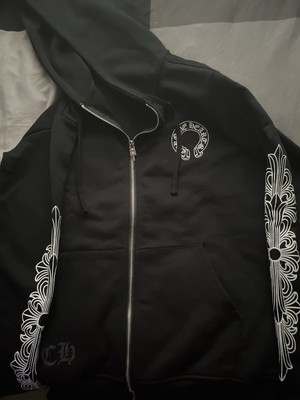 Chrome Hearts Horseshoe Floral Cross-Sleeve Zip Up Hoodie Black/White review Heidi