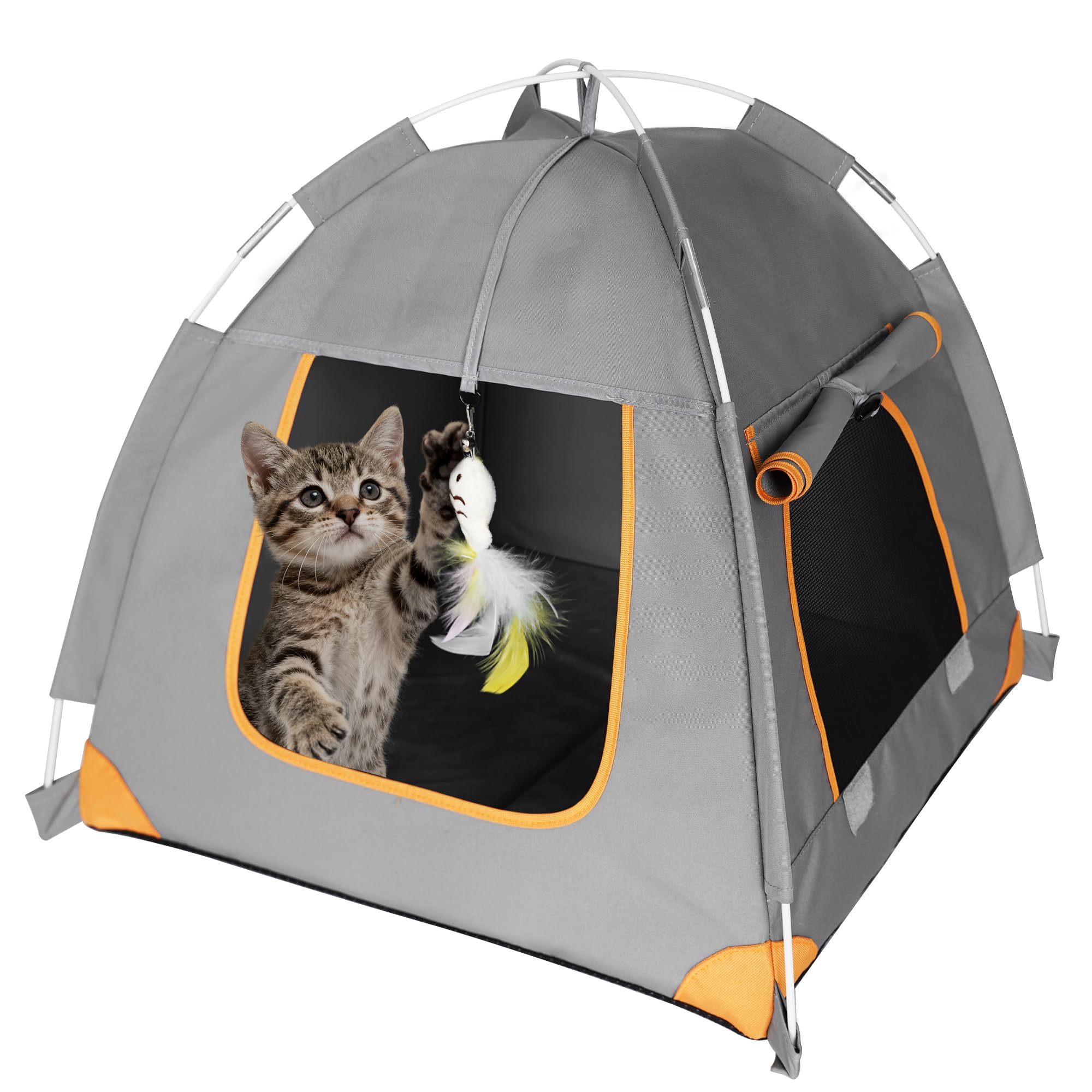 Portable Small Pet Bed Tent for Indoor & Outdoor Cats UV Protection Waterproof Pet Tent with Soft Cushion and Feather Toys