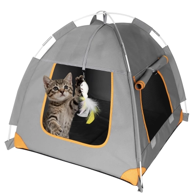 Portable Small Pet Bed Tent for Indoor & Outdoor Cats UV Protection Waterproof Pet Tent with Soft Cushion and Feather Toys 01