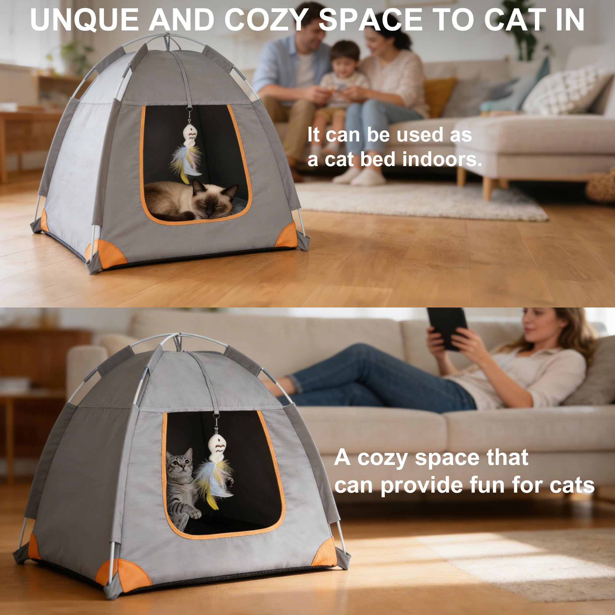 Portable Small Pet Bed Tent for Indoor & Outdoor Cats UV Protection Waterproof Pet Tent with Soft Cushion and Feather Toys
