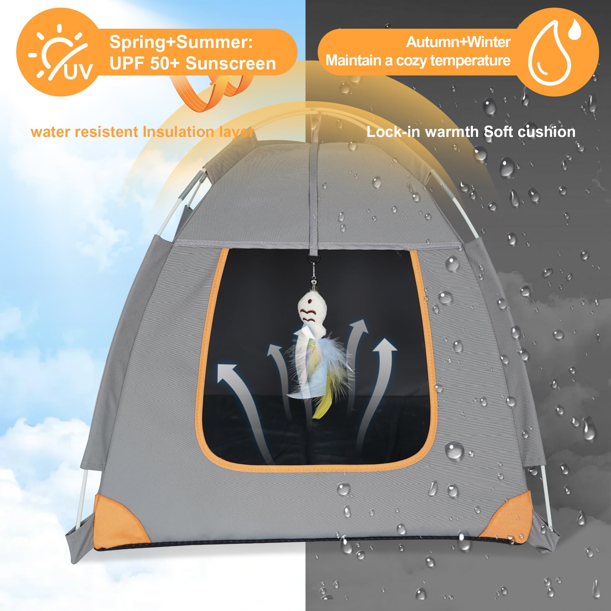 Portable Small Pet Bed Tent for Indoor & Outdoor Cats UV Protection Waterproof Pet Tent with Soft Cushion and Feather Toys