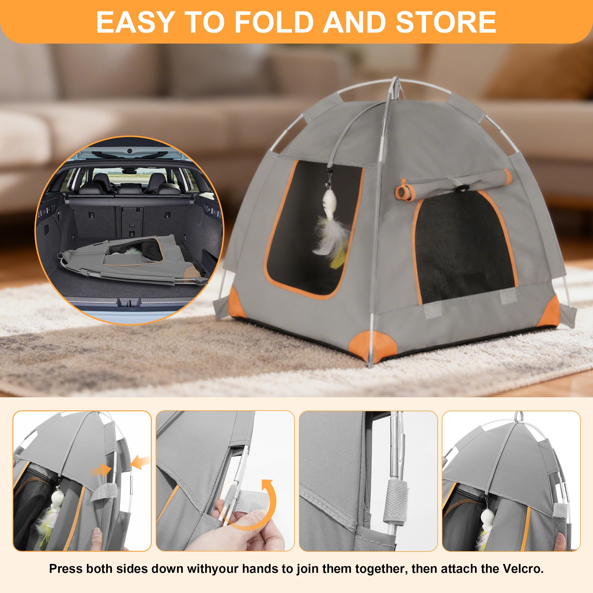 Portable Small Pet Bed Tent for Indoor & Outdoor Cats UV Protection Waterproof Pet Tent with Soft Cushion and Feather Toys