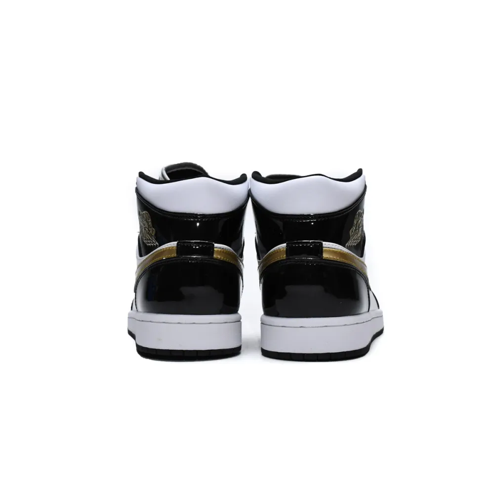 PK Jordan 1 Mid Patent Black White Gold, 852542-007