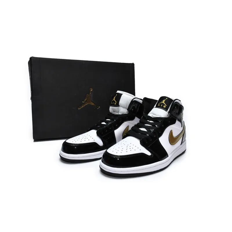 PK Jordan 1 Mid Patent Black White Gold, 852542-007