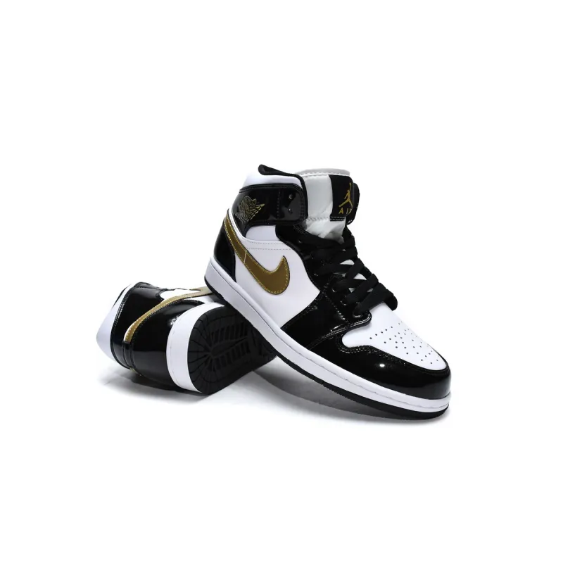 PK Jordan 1 Mid Patent Black White Gold, 852542-007