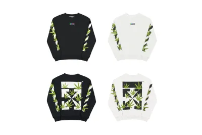  Off White Hoodie Embroidered leaf round neck hoodie black and white 01