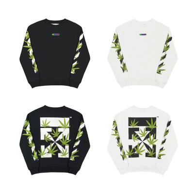  Off White Hoodie Embroidered leaf round neck hoodie black and white 01